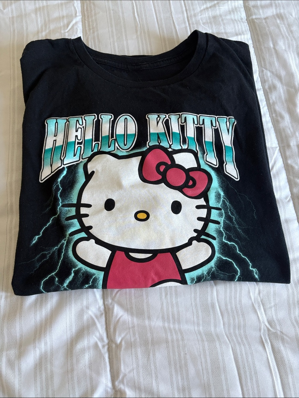 Hello Kitty Black Tee with Pink Bow and Teal Lightning Graphic